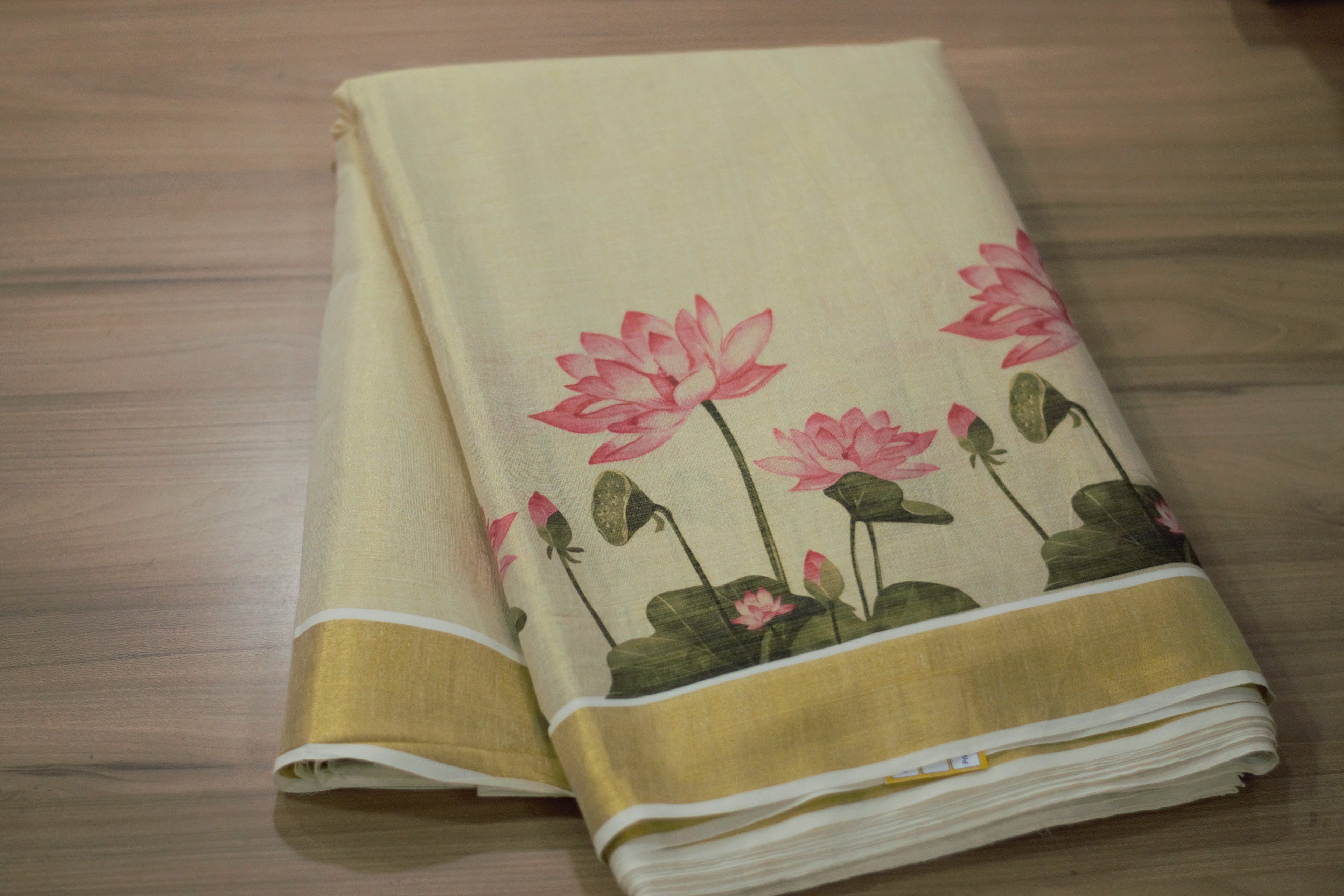 Elegant Lotus Print Tissue Dress Material Set with Saree, Top & Skirt Fabric – Cream & Gold