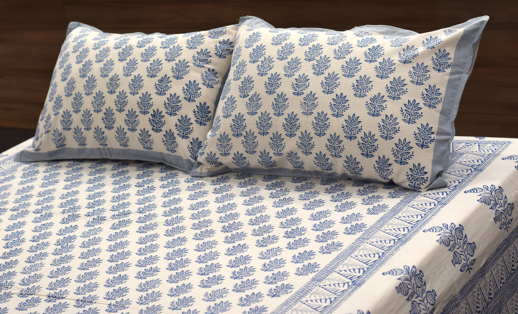 Queen Size Cotton Bedspread 90 × 100 Inches – Blue Floral Printed Design