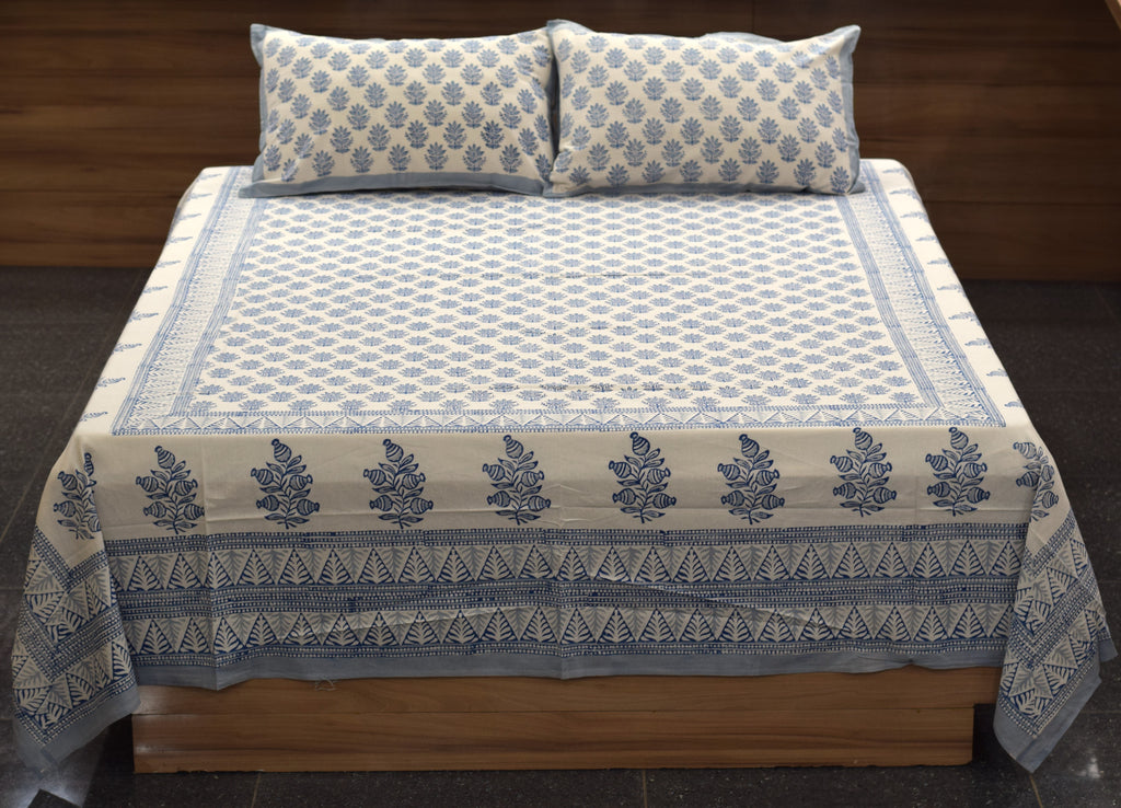 Queen Size Cotton Bedspread 90 × 100 Inches – Blue Floral Printed Design