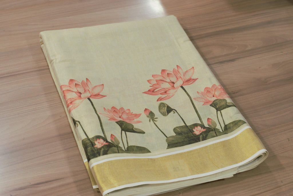 Elegant Lotus Print Tissue Dress Material Set with Saree, Top & Skirt Fabric – Cream & Gold