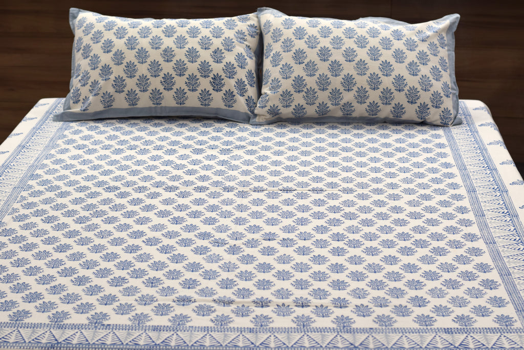 Queen Size Cotton Bedspread 90 × 100 Inches – Blue Floral Printed Design