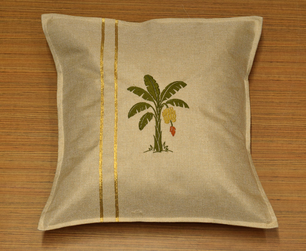 Premium Banana Tree Embroidered Cushion Cover –  Golden Stripe | 16 x 16 Inches | Available in Set of 1/ 2 / 5