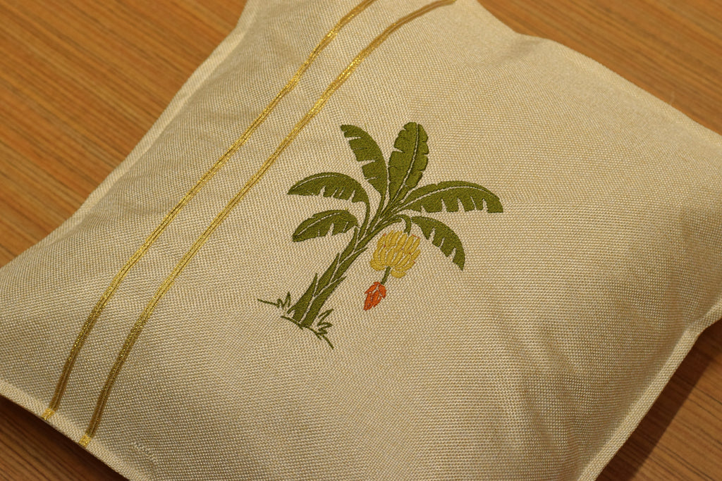 Premium Banana Tree Embroidered Cushion Cover –  Golden Stripe | 16 x 16 Inches | Available in Set of 1/ 2 / 5