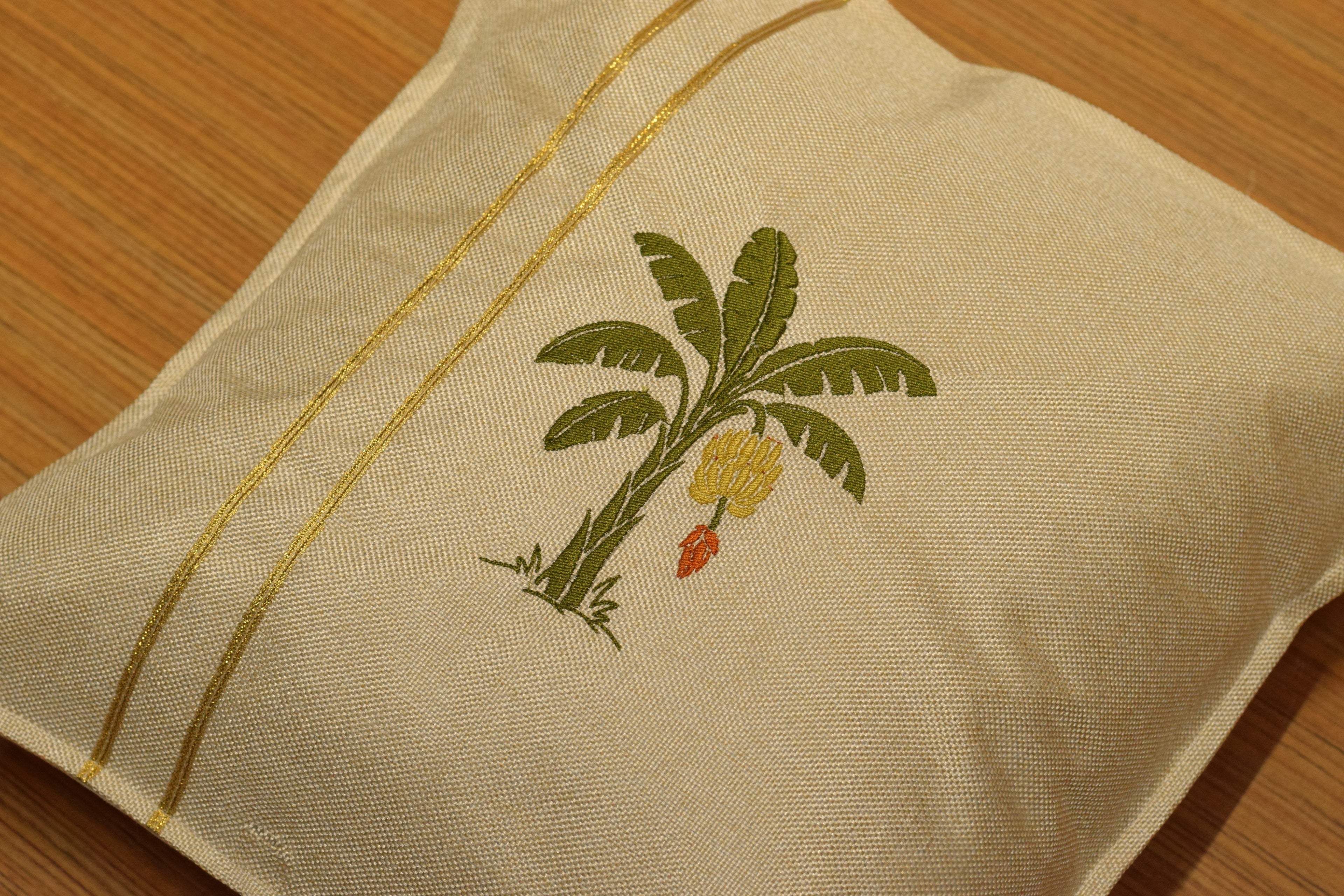 Premium Banana Tree Embroidered Cushion Cover –  Golden Stripe | 16 x 16 Inches | Available in Set of 1/ 2 / 5