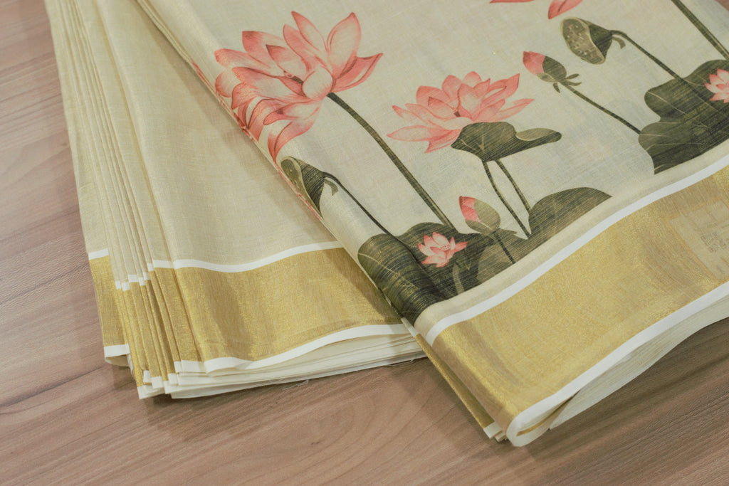 Elegant Lotus Print Tissue Dress Material Set with Saree, Top & Skirt Fabric – Cream & Gold