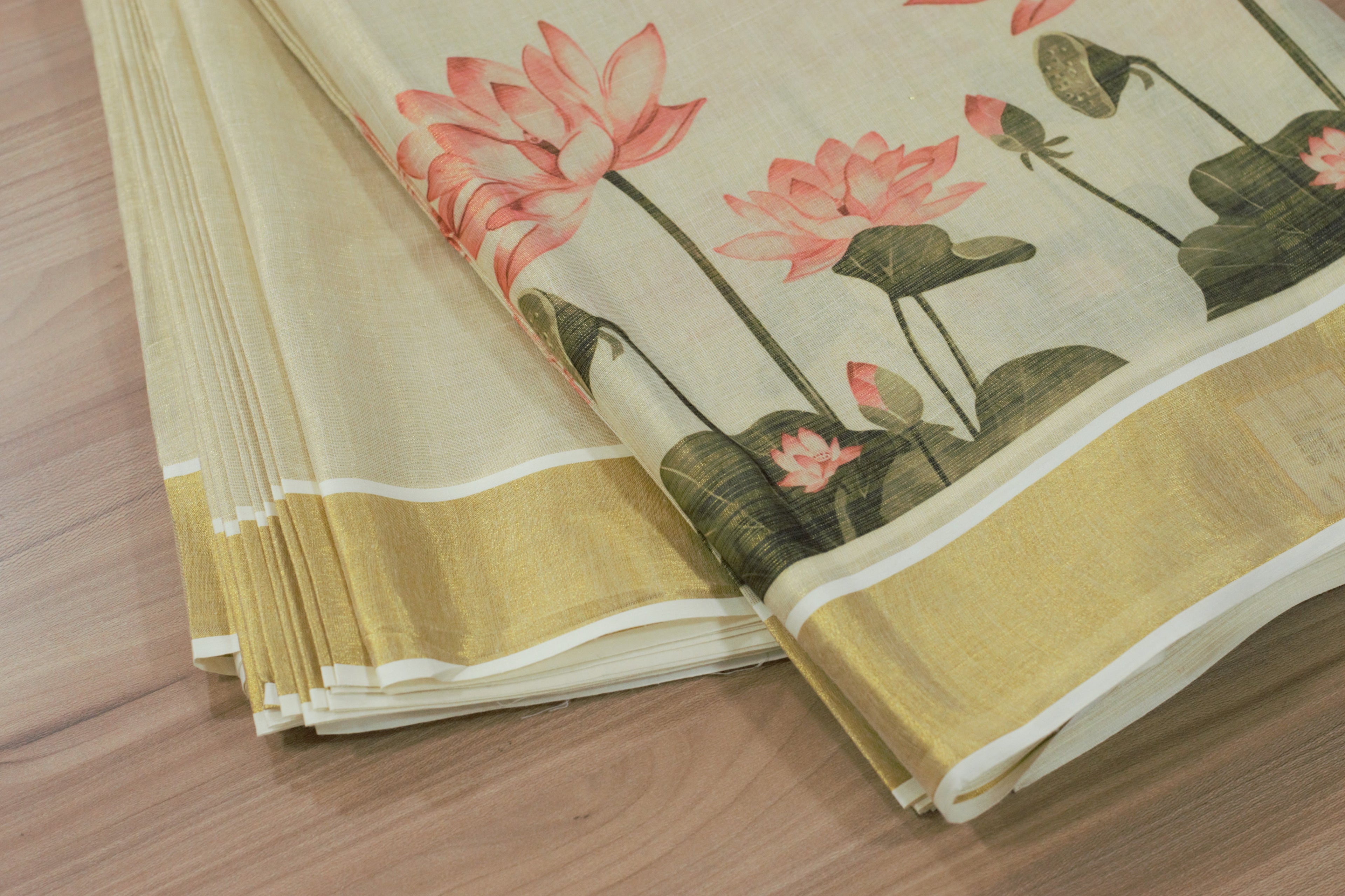 Elegant Lotus Print Tissue Dress Material Set with Saree, Top & Skirt Fabric – Cream & Gold