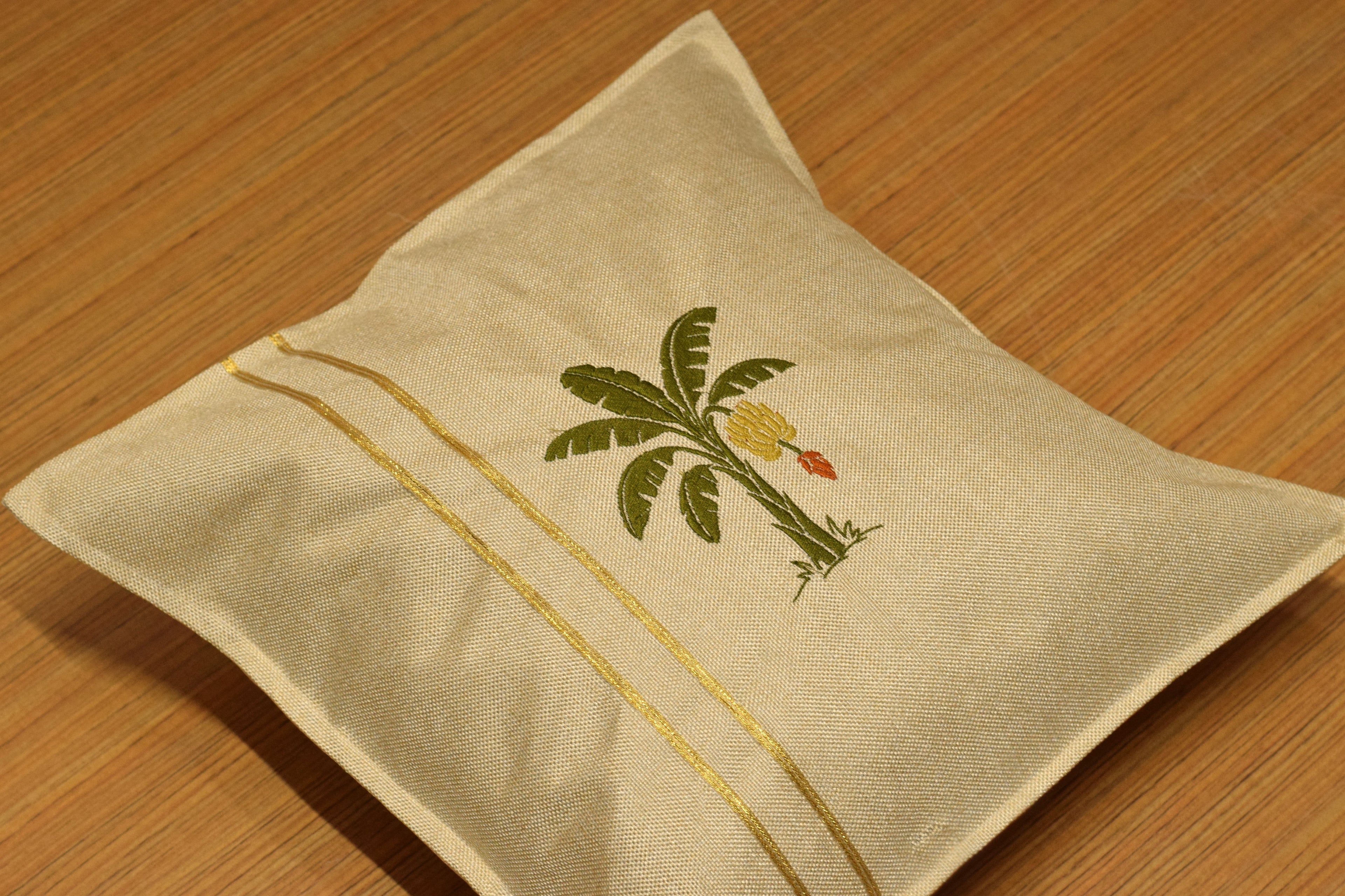 Premium Banana Tree Embroidered Cushion Cover –  Golden Stripe | 16 x 16 Inches | Available in Set of 1/ 2 / 5