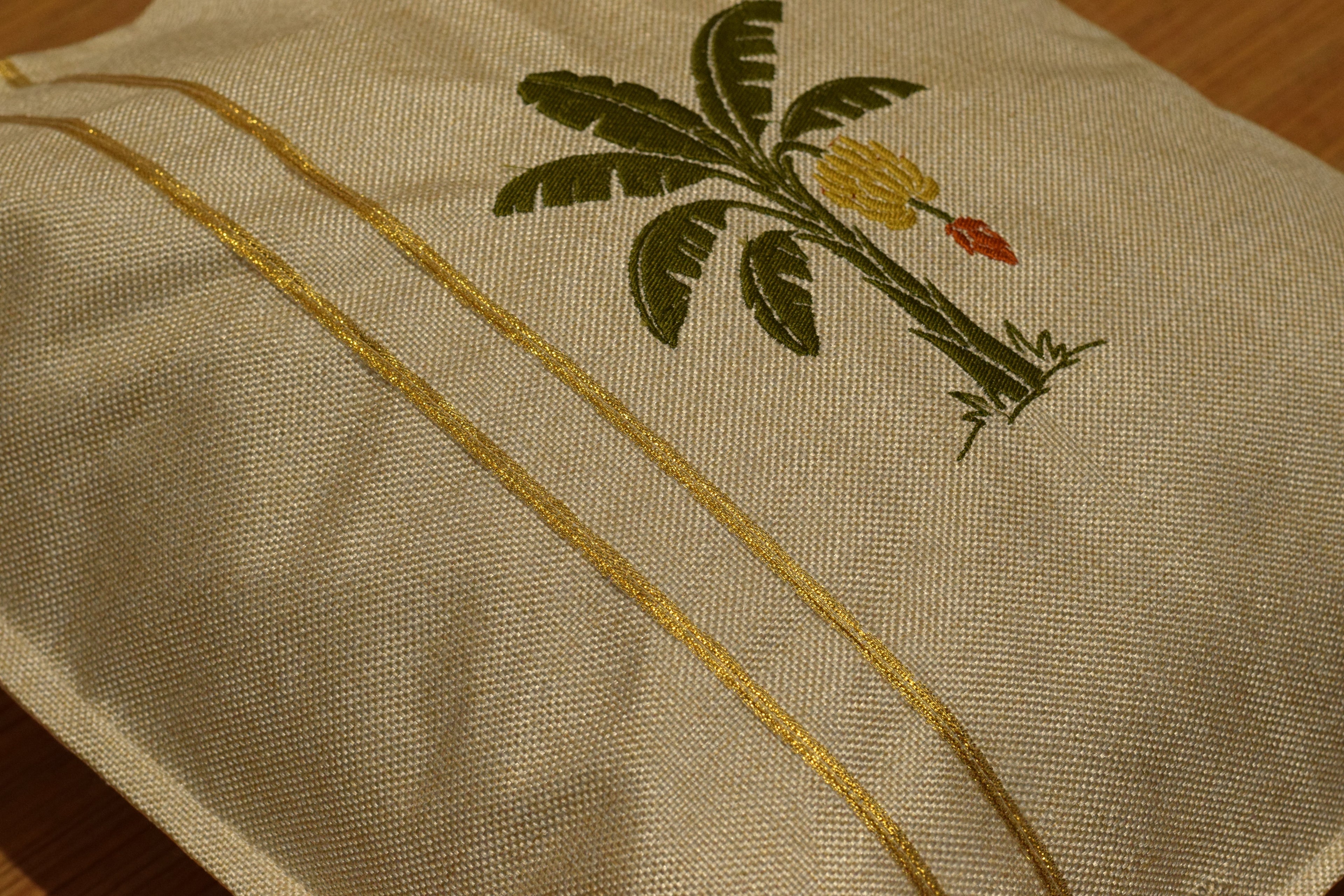 Premium Banana Tree Embroidered Cushion Cover –  Golden Stripe | 16 x 16 Inches | Available in Set of 1/ 2 / 5