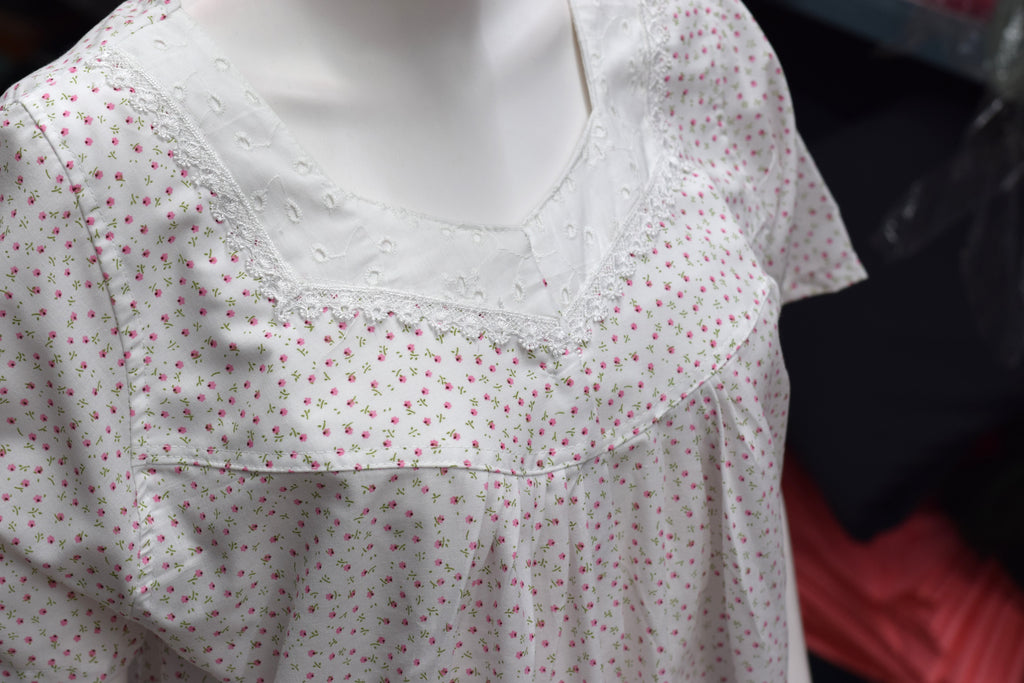 Elegant White Floral Print  Nighty with Delicate Lace Detail