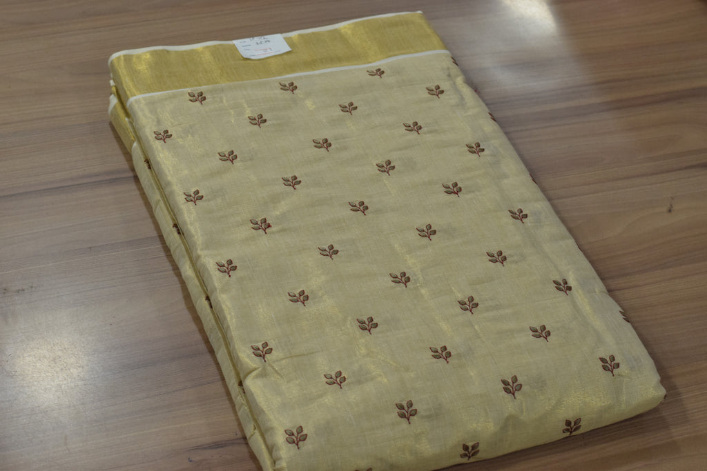 Elegant Cream Tissue Dress Material Set with Embroidered Butti Work – Saree, Top & Skirt Fabric