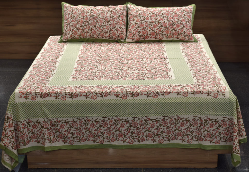 Queen Size Cotton Bedspread 90 × 100 Inches – Floral Print with Green Border