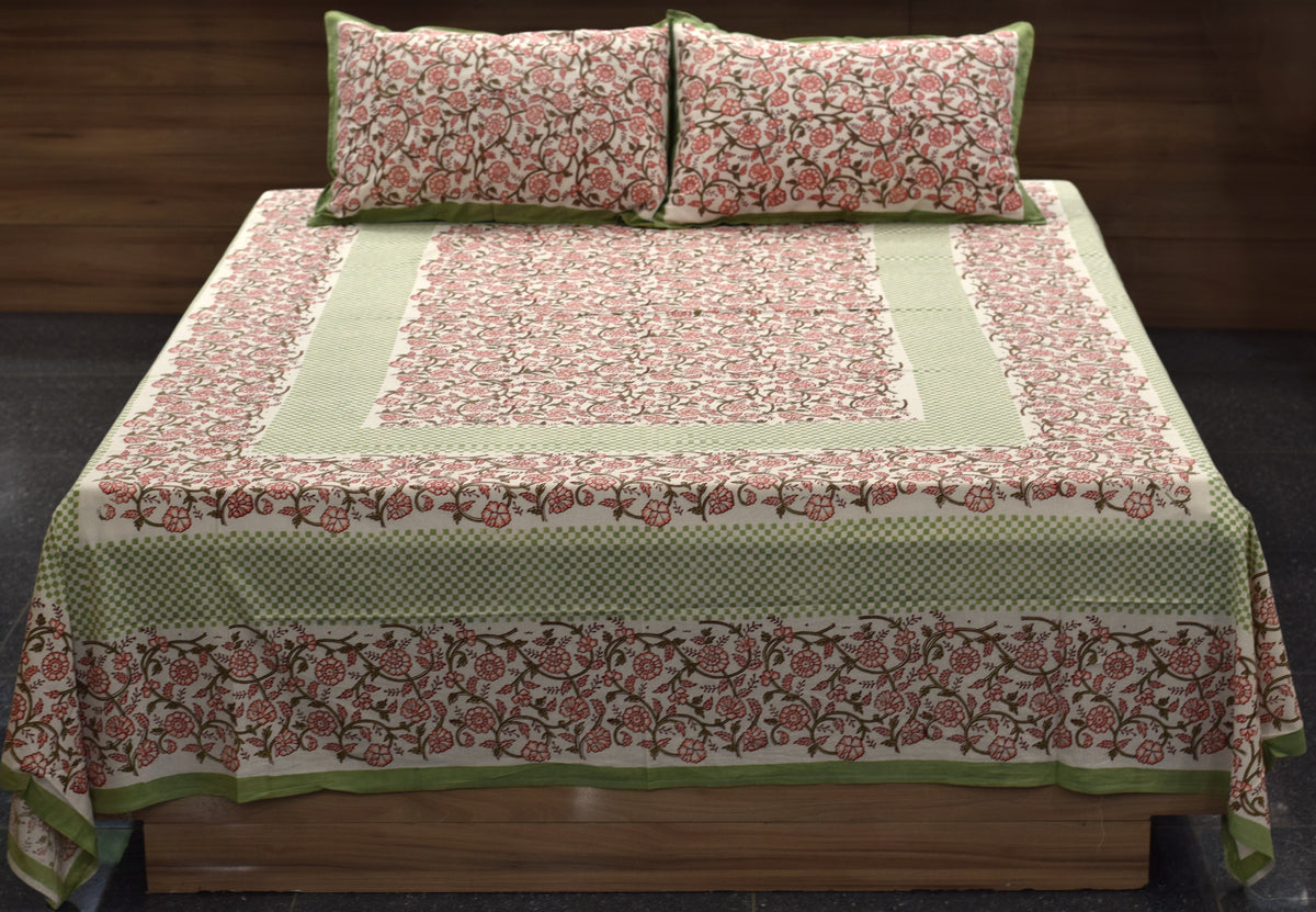 Queen Size Cotton Bedspread 90 × 100 Inches – Floral Print with Green Border