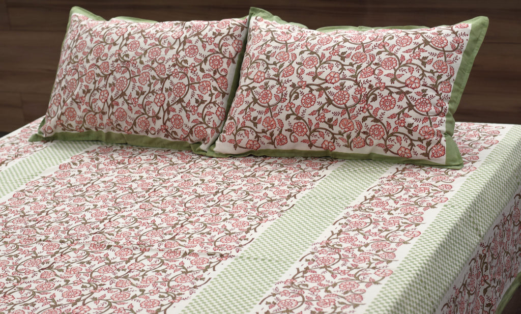 Queen Size Cotton Bedspread 90 × 100 Inches – Floral Print with Green Border