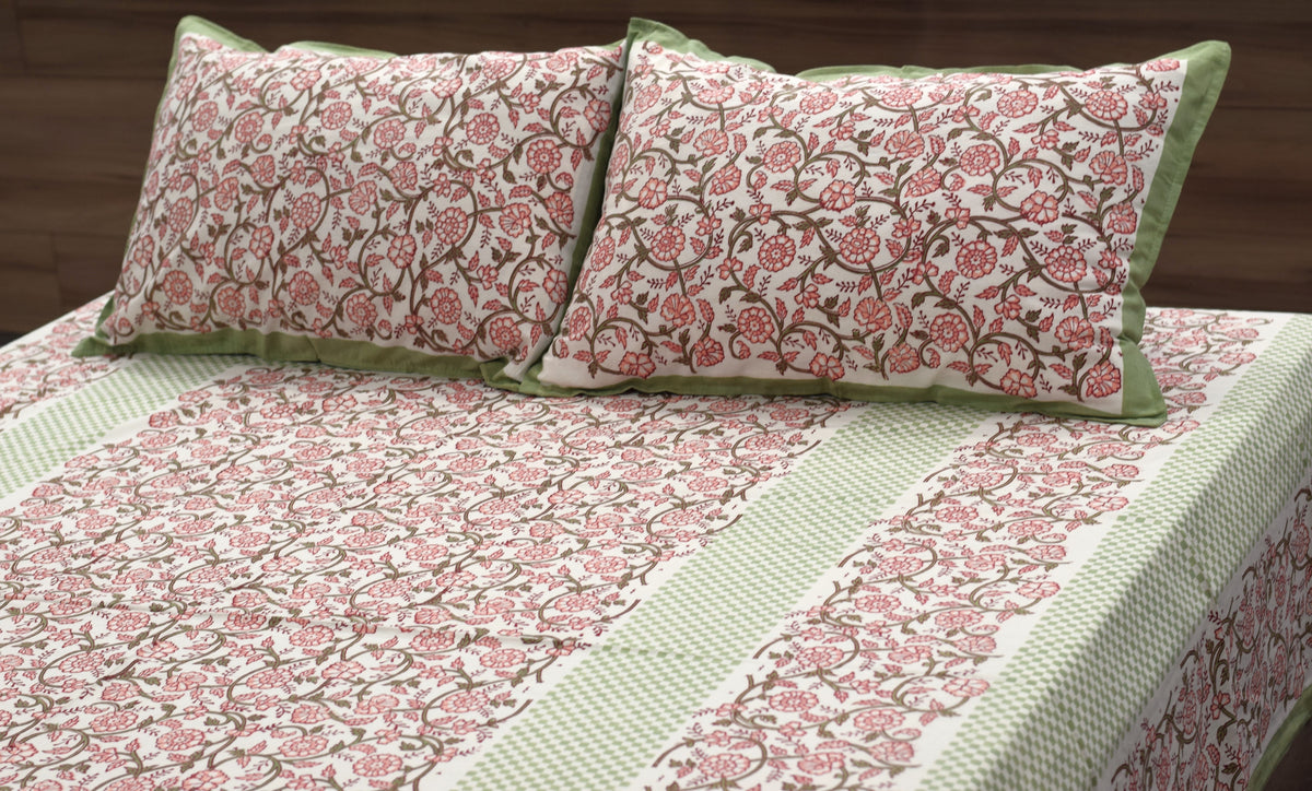 Queen Size Cotton Bedspread 90 × 100 Inches – Floral Print with Green Border