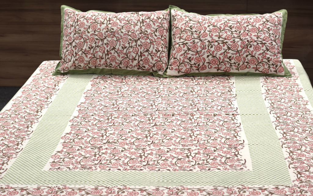 Queen Size Cotton Bedspread 90 × 100 Inches – Floral Print with Green Border