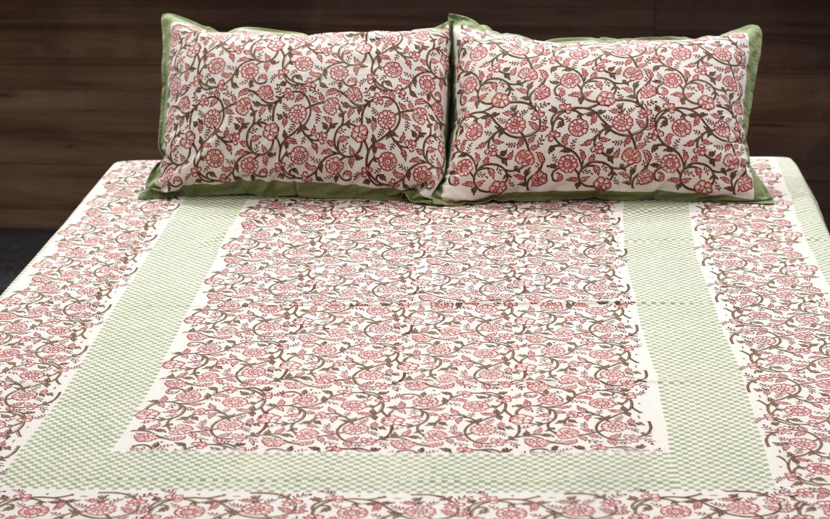 Queen Size Cotton Bedspread 90 × 100 Inches – Floral Print with Green Border