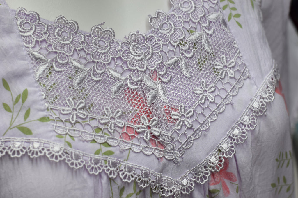 Women's Lavender Floral Print Nighty with Lace Yoke – Soft & Comfortable Full-Length Sleepwear