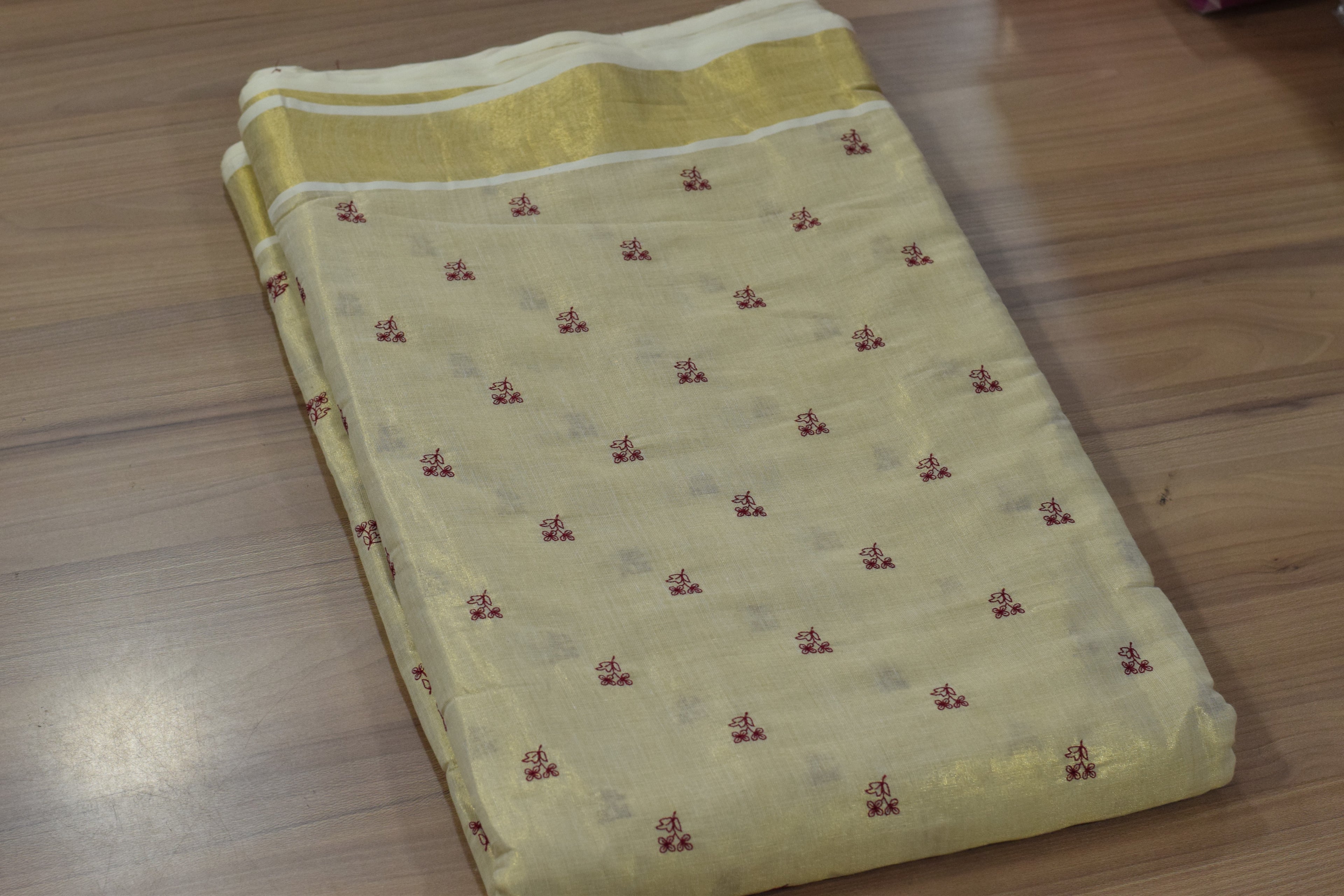 Cream Tissue Dress Material Set with Delicate Floral Butta Design – Saree 5.5M, Top 2.5M & Skirt 4M