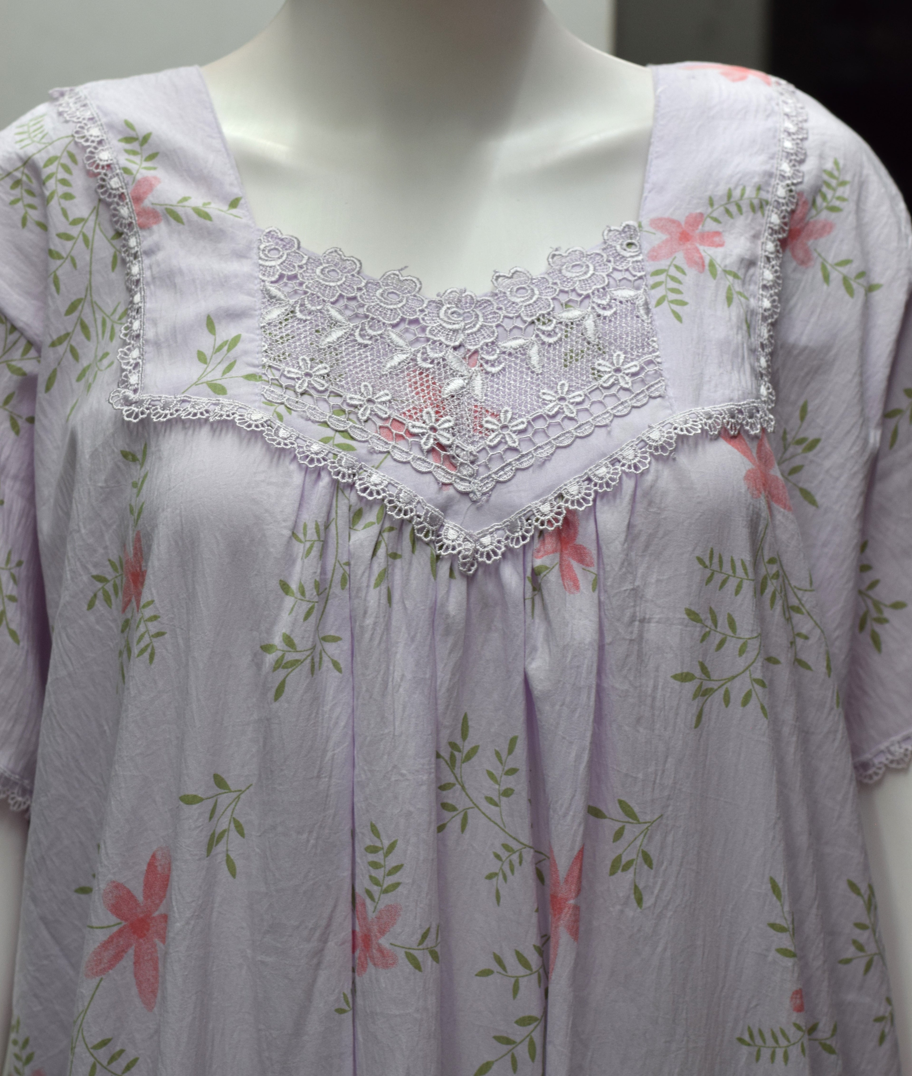 Women's Lavender Floral Print Nighty with Lace Yoke – Soft & Comfortable Full-Length Sleepwear