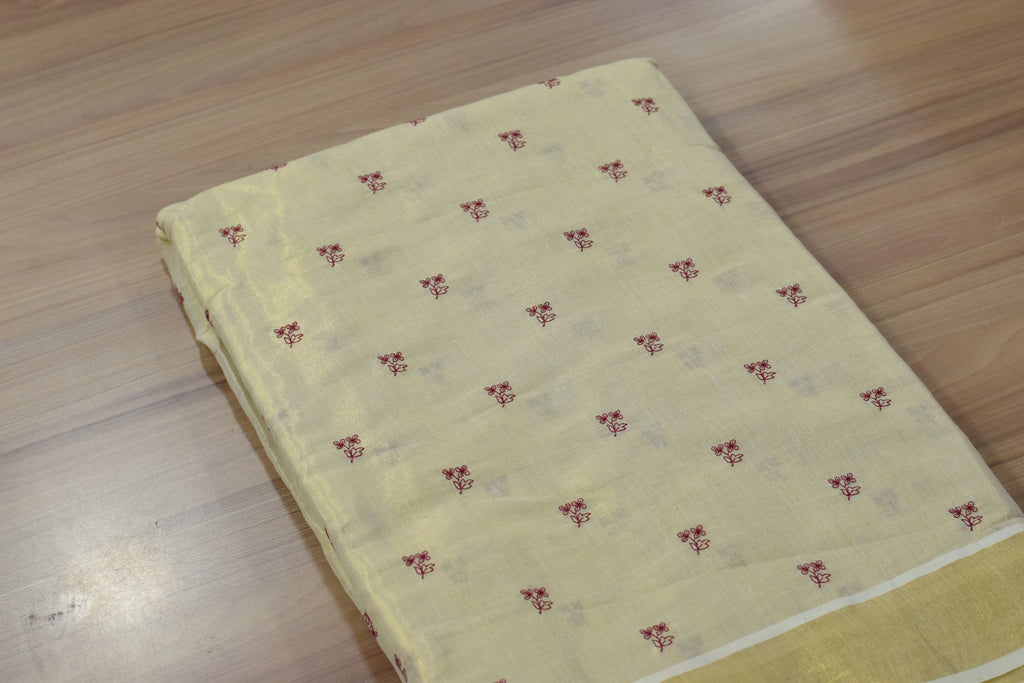 Cream Tissue Dress Material Set with Delicate Floral Butta Design – Saree 5.5M, Top 2.5M & Skirt 4M