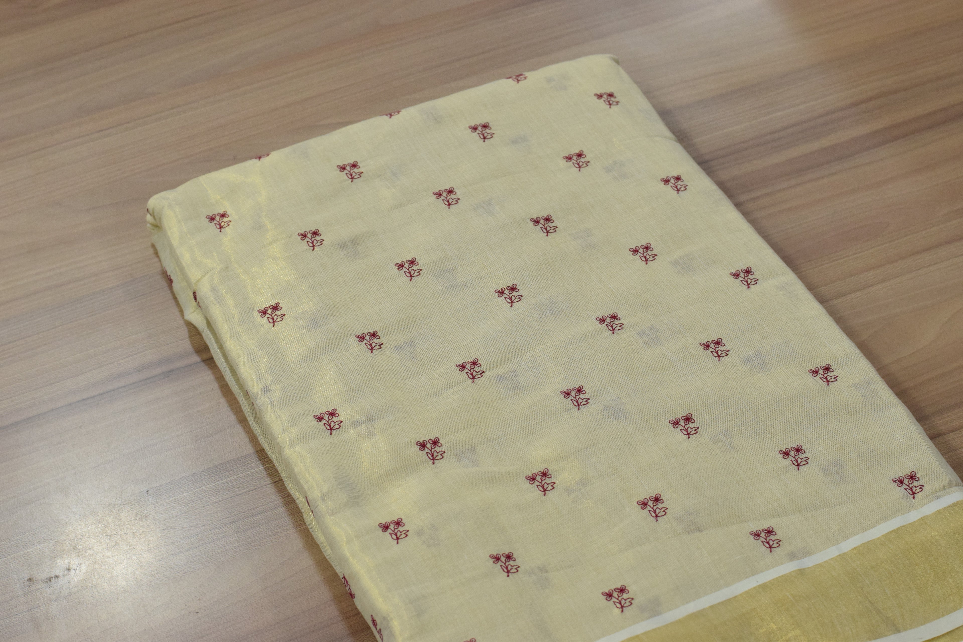 Cream Tissue Dress Material Set with Delicate Floral Butta Design – Saree 5.5M, Top 2.5M & Skirt 4M