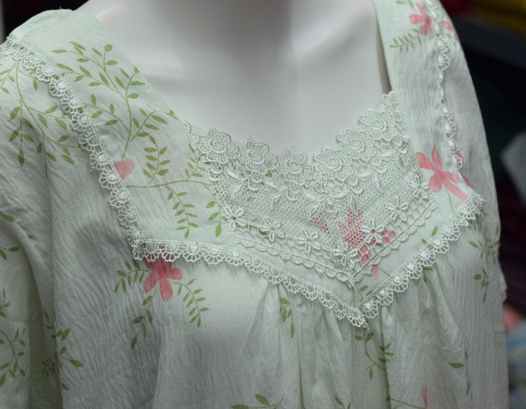 Women's Floral Print Cotton Nighty with Lace Yoke – Full Length Comfortable Sleepwear