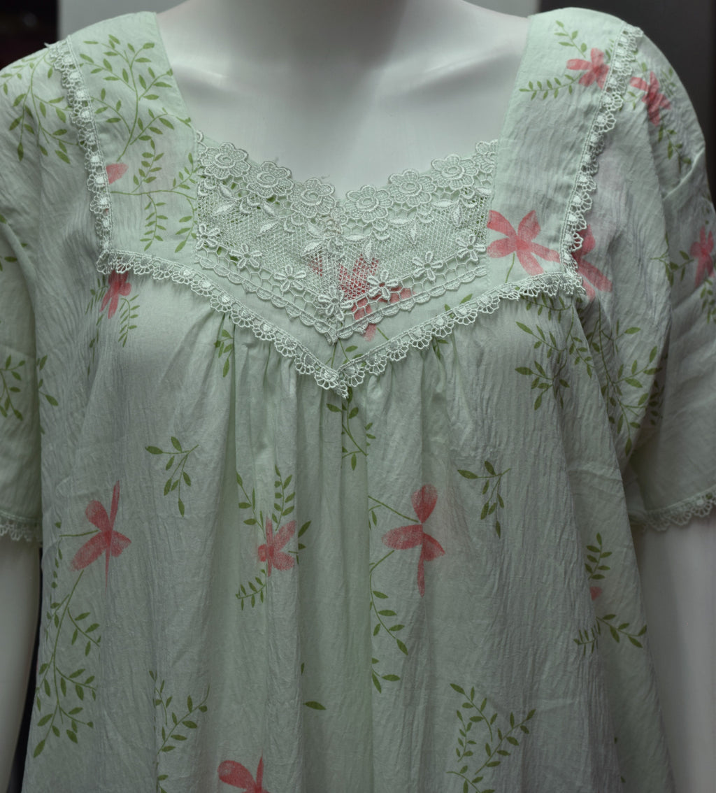 Women's Floral Print Cotton Nighty with Lace Yoke – Full Length Comfortable Sleepwear