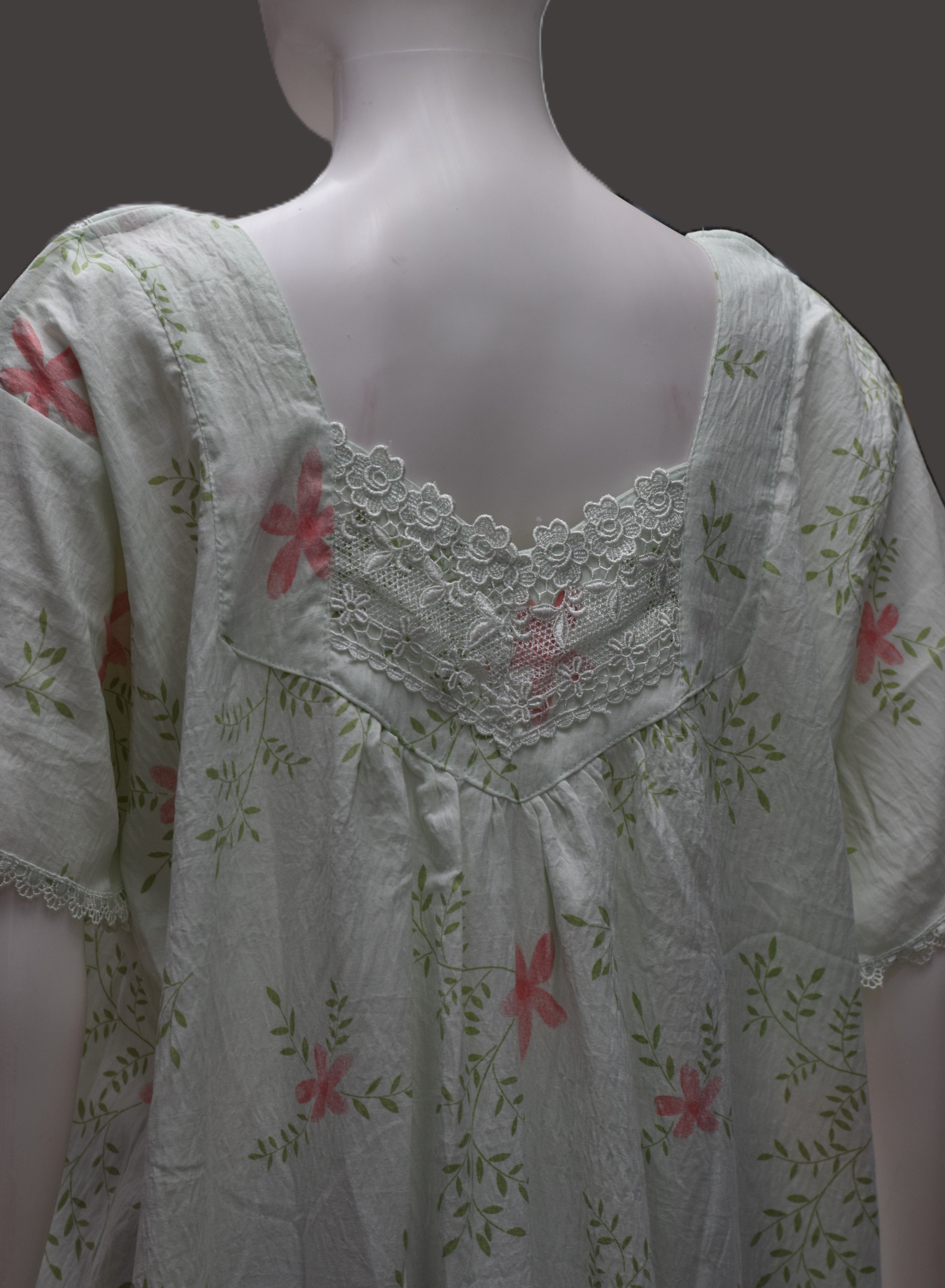 Women's Floral Print Cotton Nighty with Lace Yoke – Full Length Comfortable Sleepwear