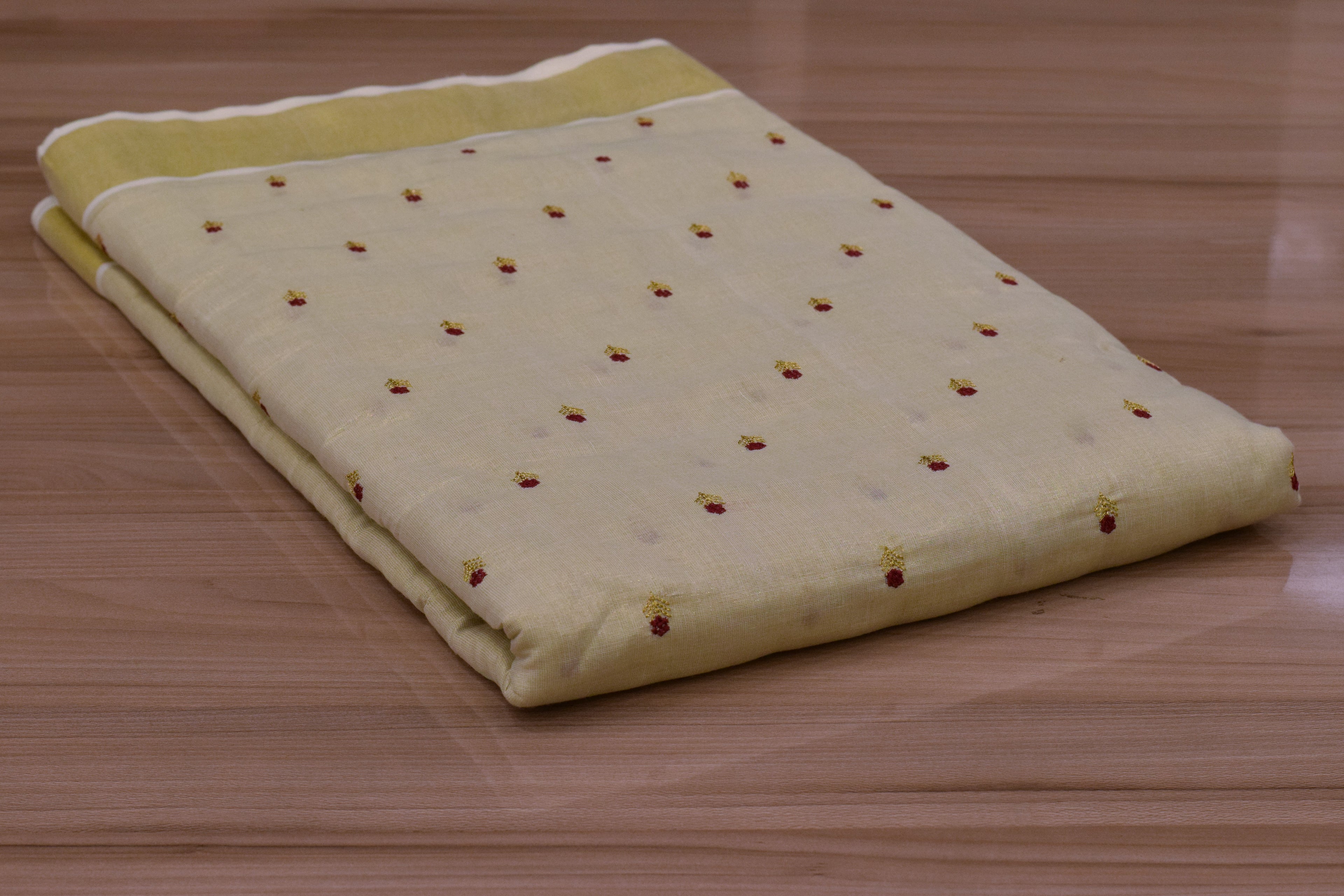 Elegant Pastel Yellow Tissue Dress Material Set with Embroidered Buttas – Saree, Top & Skirt Fabric