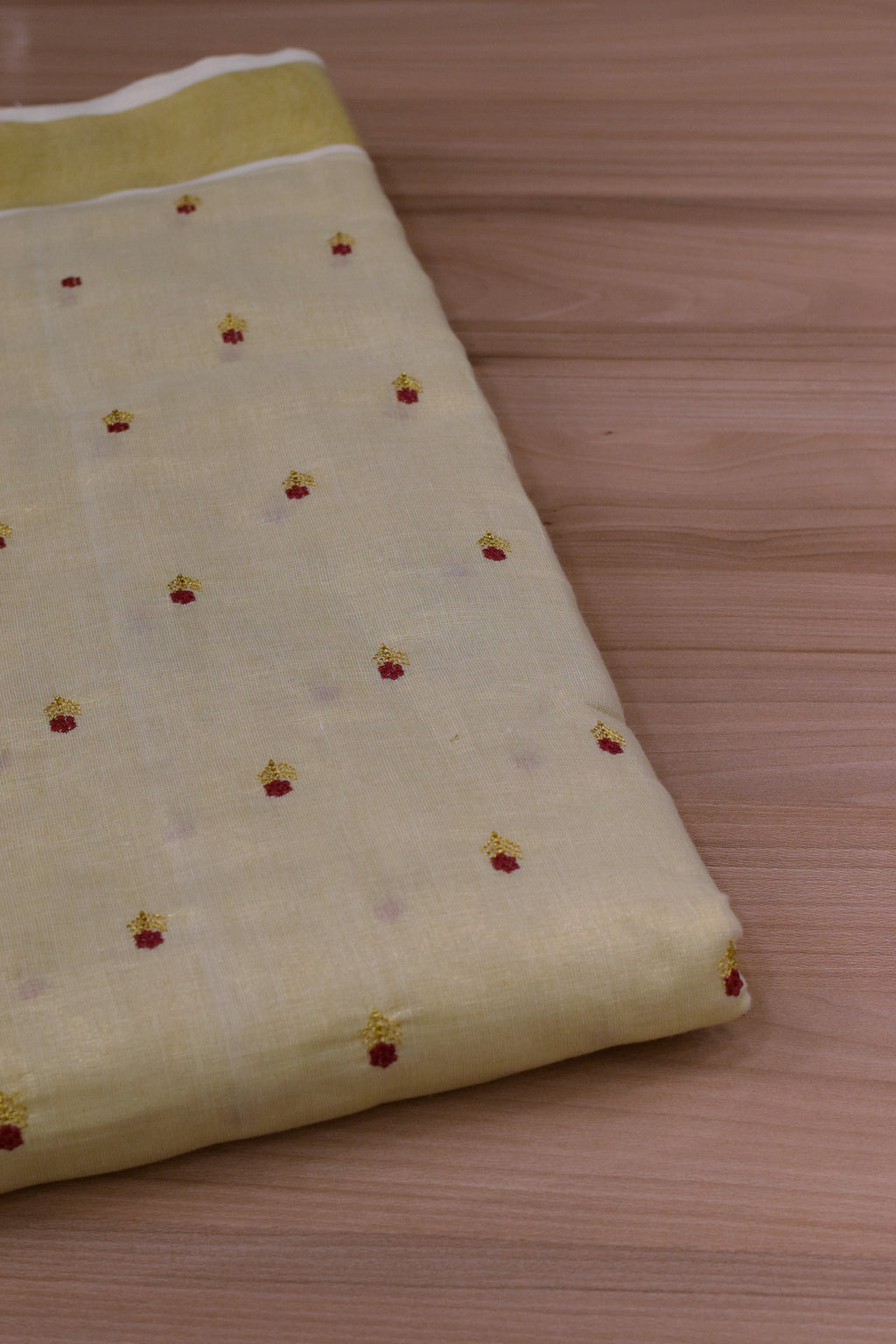 Elegant Pastel Yellow Tissue Dress Material Set with Embroidered Buttas – Saree, Top & Skirt Fabric