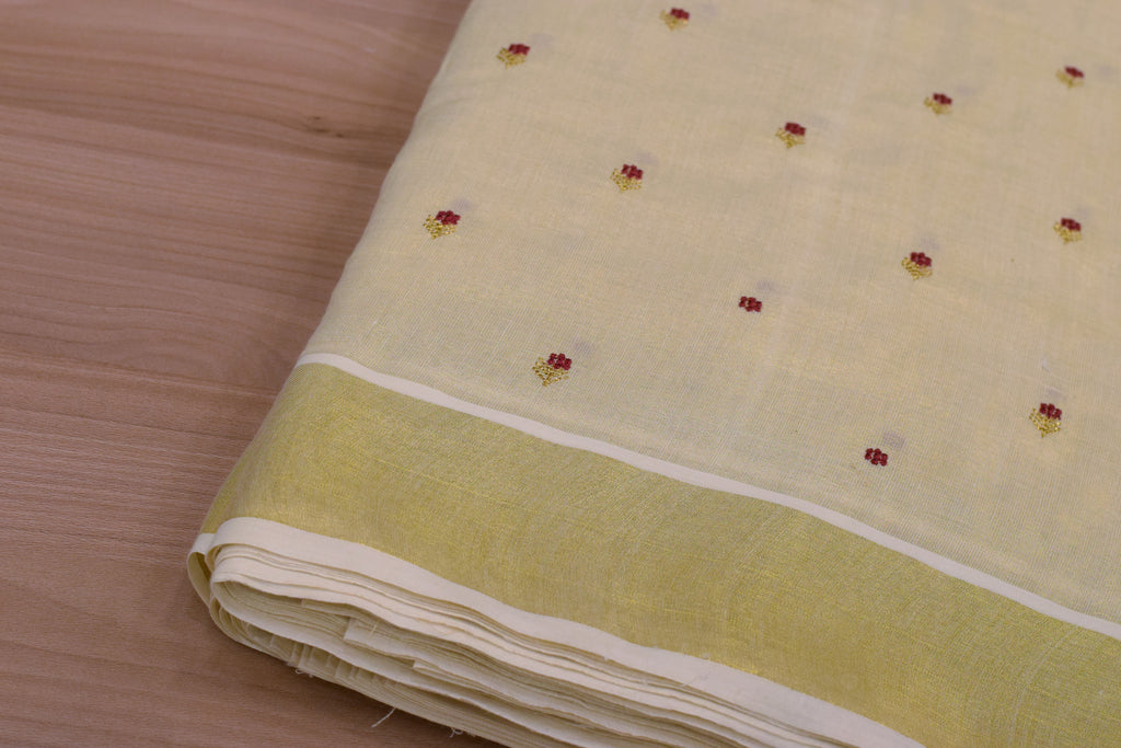 Elegant Pastel Yellow Tissue Dress Material Set with Embroidered Buttas – Saree, Top & Skirt Fabric