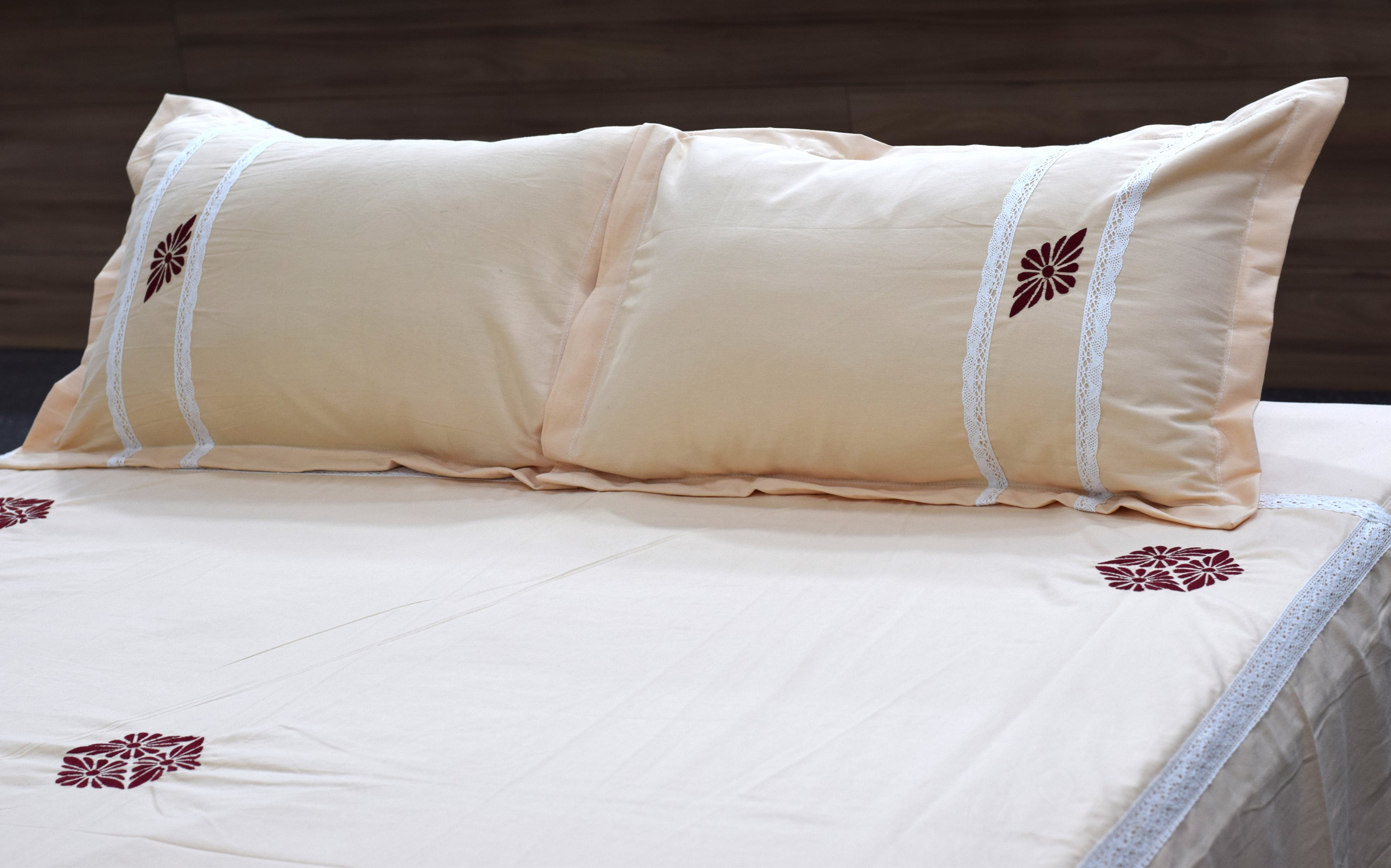 King Size Premium Embroidered Bedsheet Set with 2 Pillow Covers – Elegant Beige Floral Design