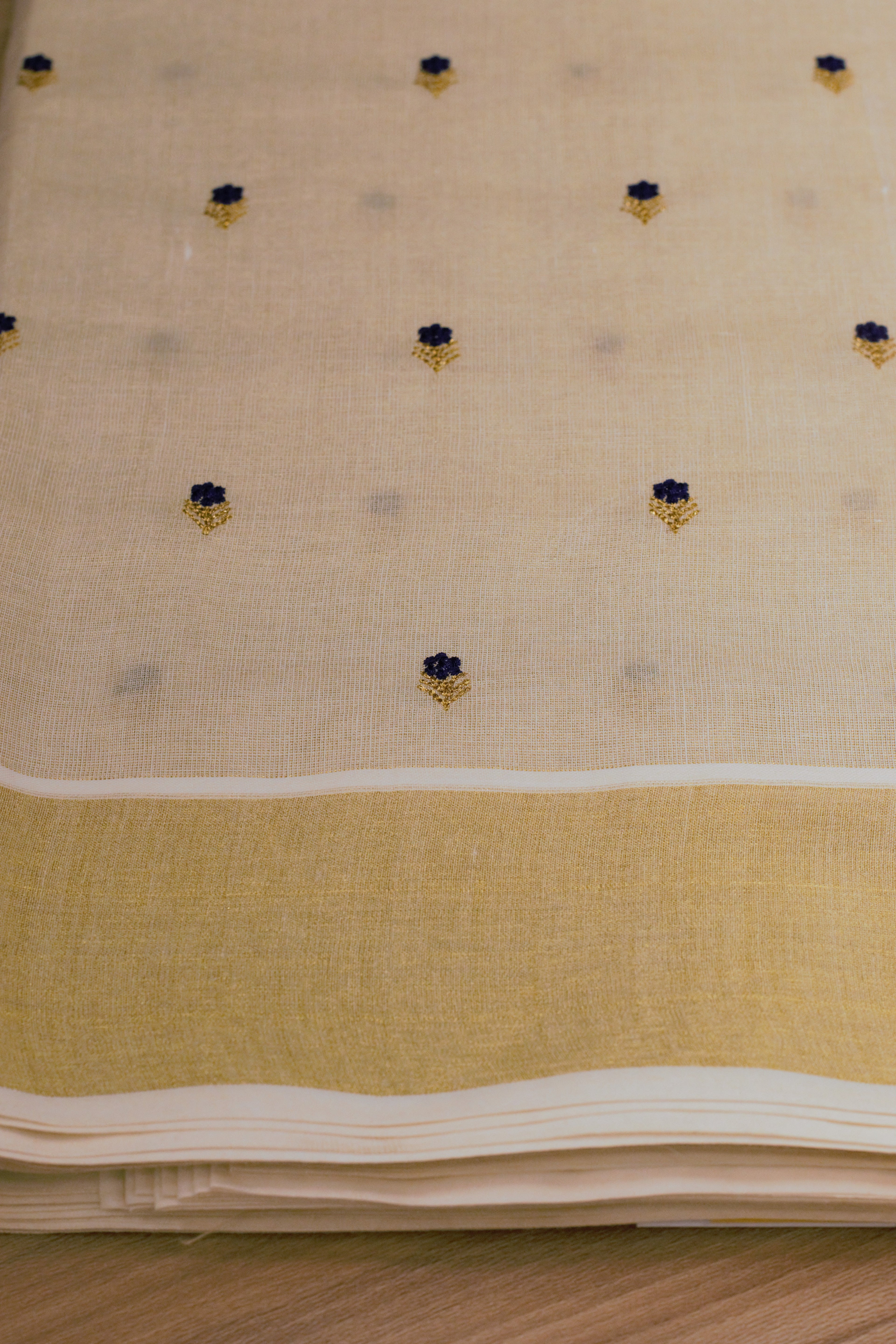 Elegant Cream Tissue Dress Material Set with Embroidered Butti Work & Golden Border