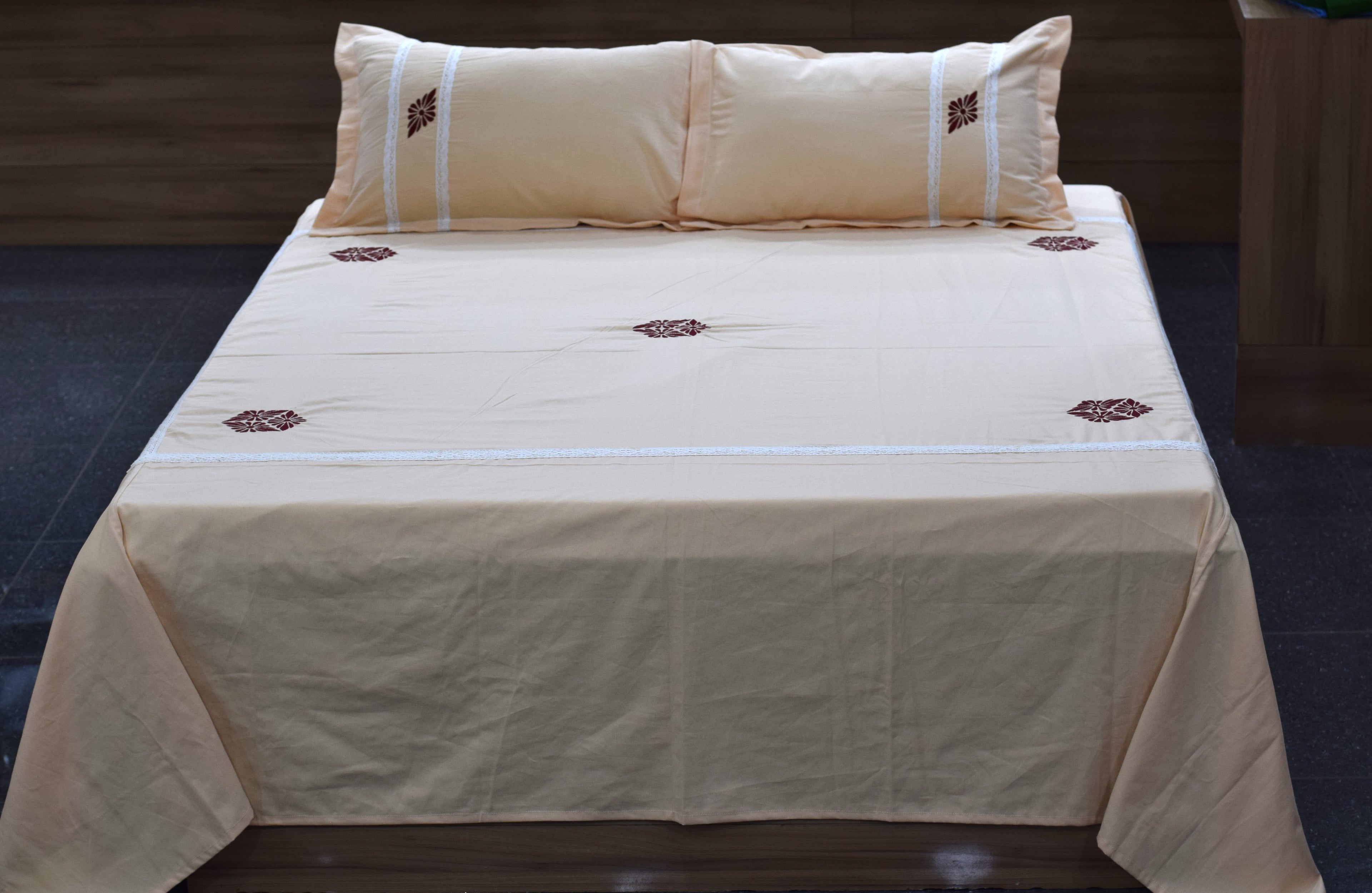 King Size Premium Embroidered Bedsheet Set with 2 Pillow Covers – Elegant Beige Floral Design