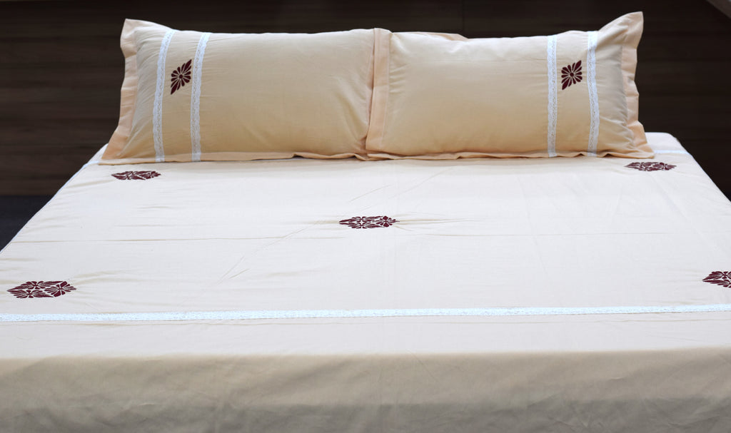 King Size Premium Embroidered Bedsheet Set with 2 Pillow Covers – Elegant Beige Floral Design