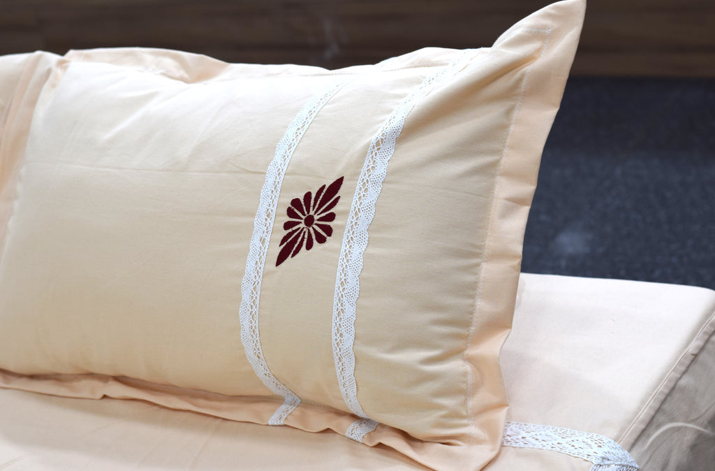 King Size Premium Embroidered Bedsheet Set with 2 Pillow Covers – Elegant Beige Floral Design