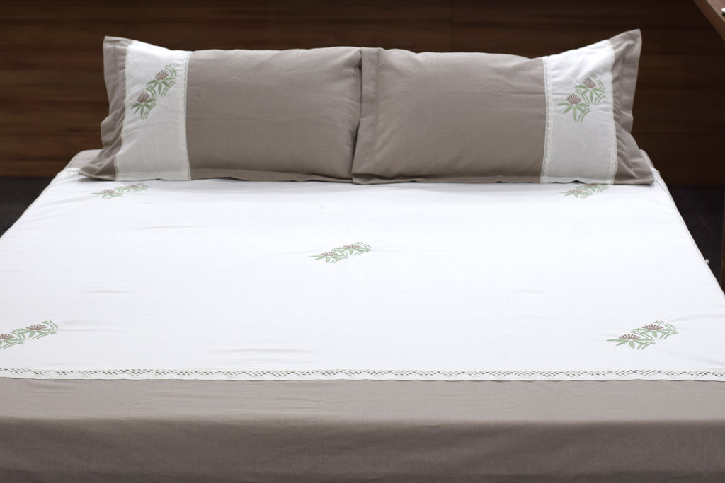 Elegant Embroidered King Size Bedsheet Set with Pillow Covers – Soft Cotton Blend Bedspread | Beige & White Floral Design