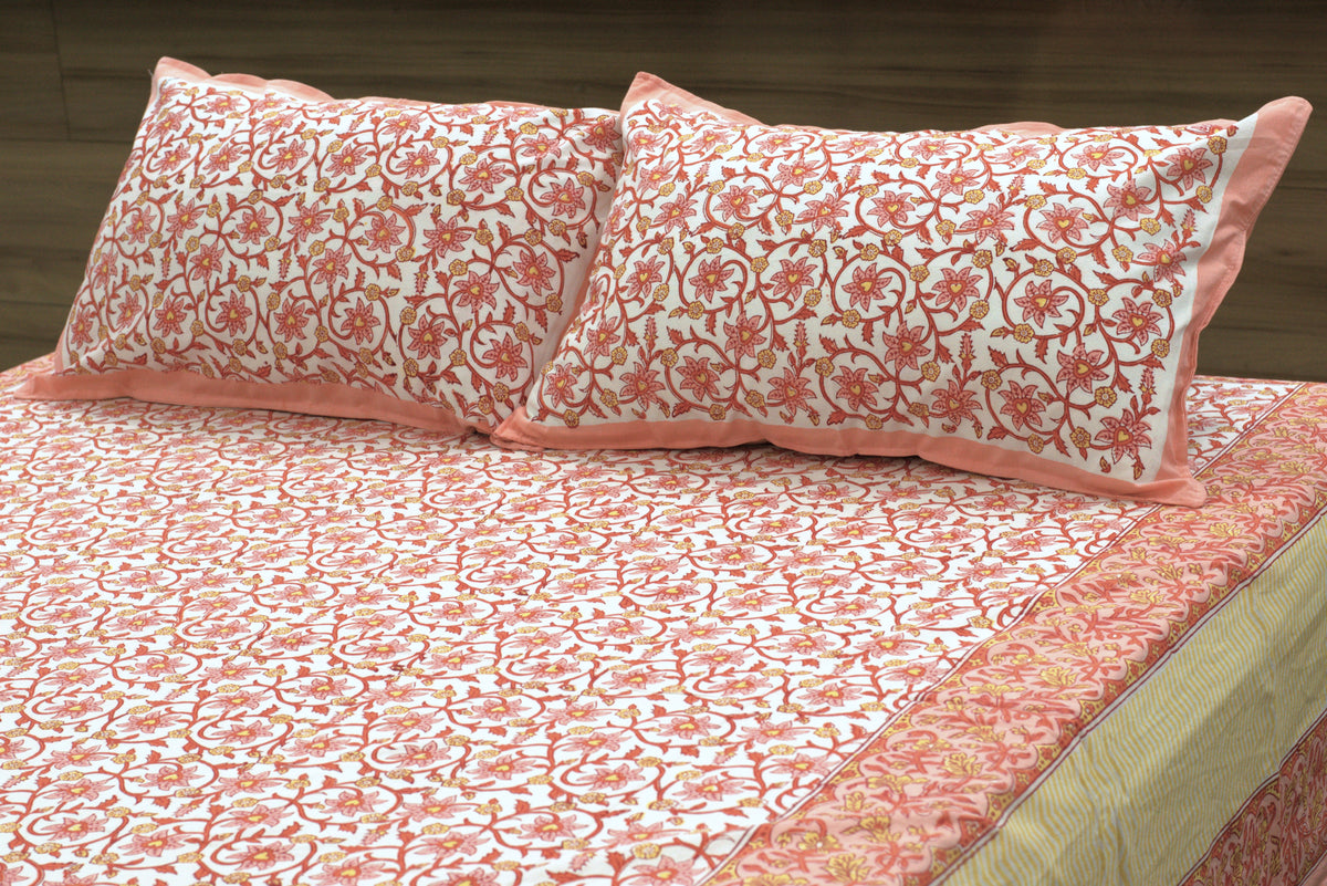 Queen Size Cotton Bedspread 90 × 100 Inches – Pink Floral Printed Design