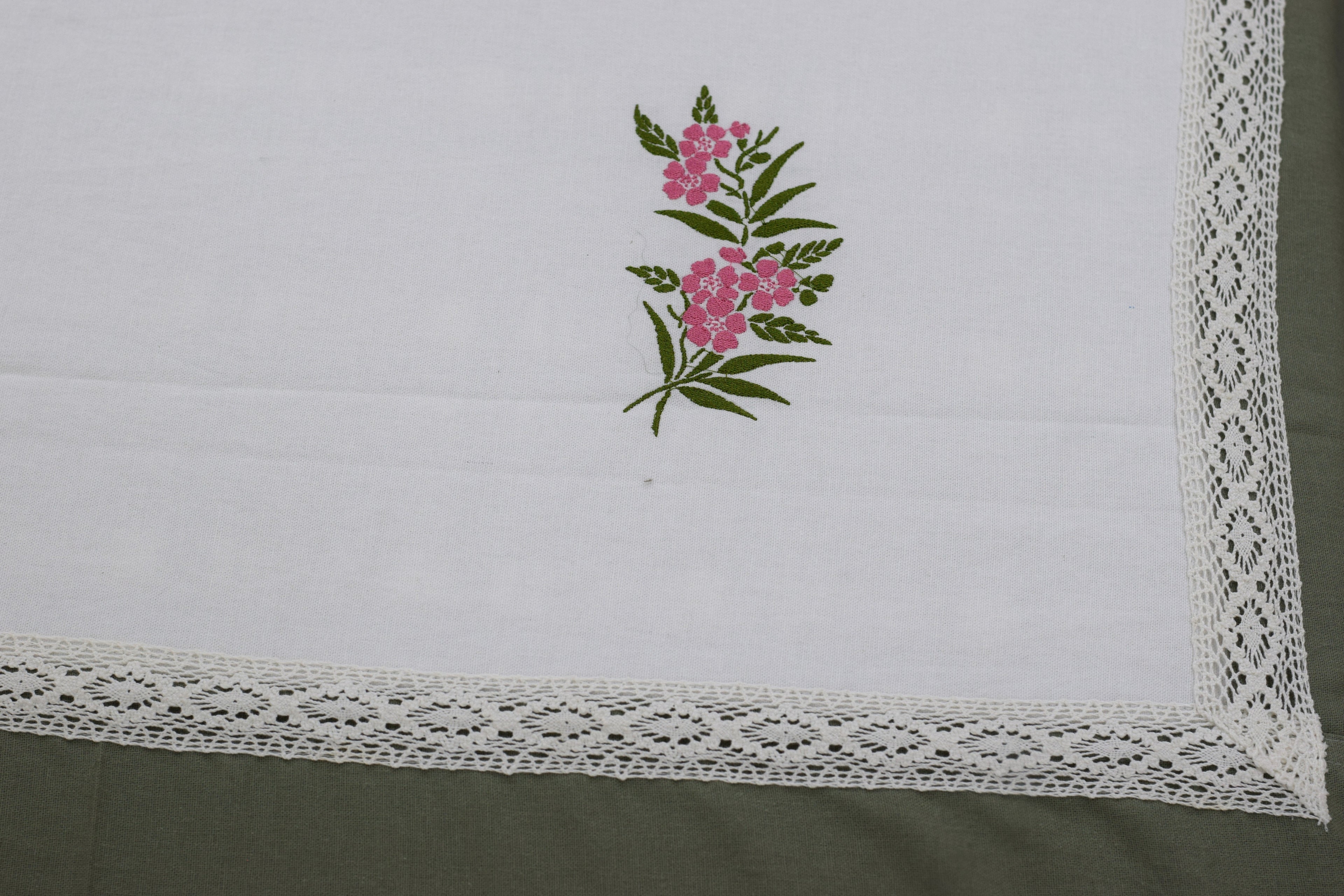 Elegant Floral Embroidered King Size Bedspread Set – White & Sage Green | Premium Cotton Bedding with Pillow Covers