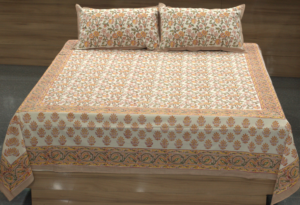 Queen Size Cotton Bedspread 90 × 100 Inches – Floral Printed Traditional Design