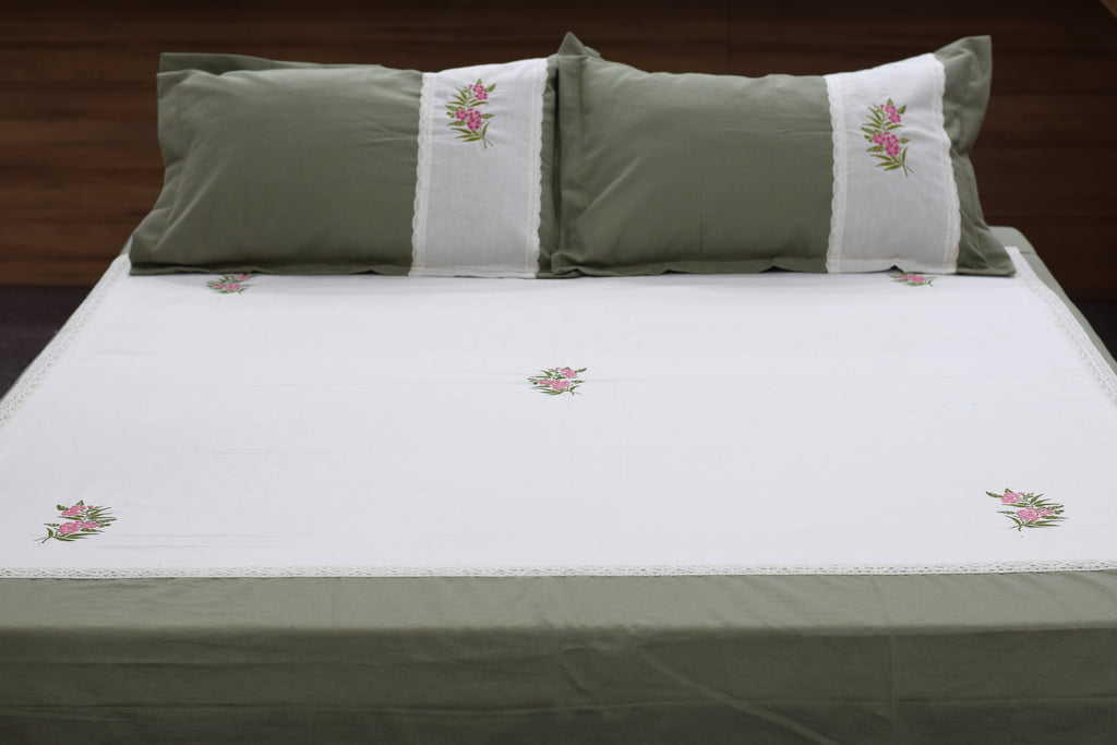 Elegant Floral Embroidered King Size Bedspread Set – White & Sage Green | Premium Cotton Bedding with Pillow Covers