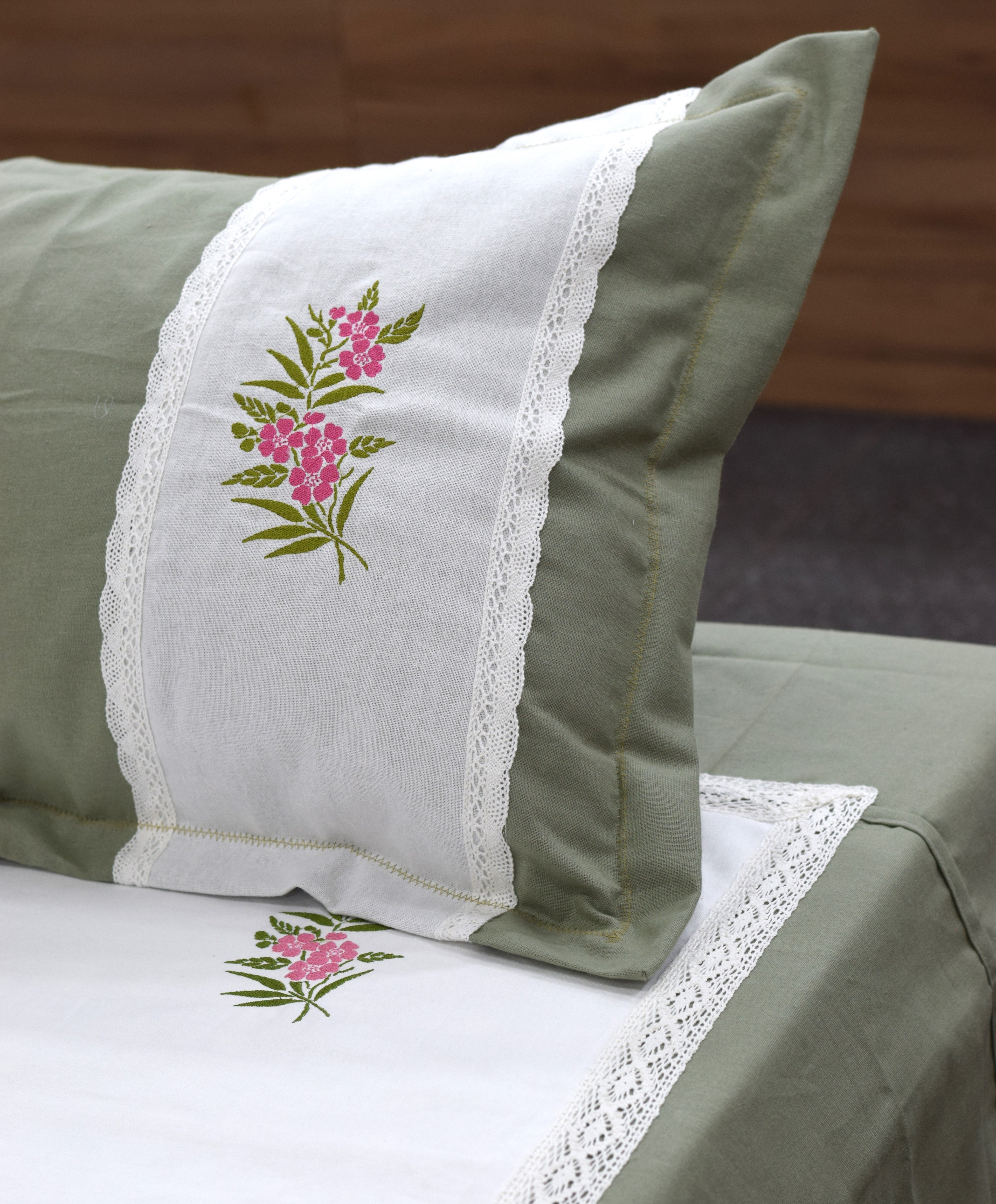 Elegant Floral Embroidered King Size Bedspread Set – White & Sage Green | Premium Cotton Bedding with Pillow Covers