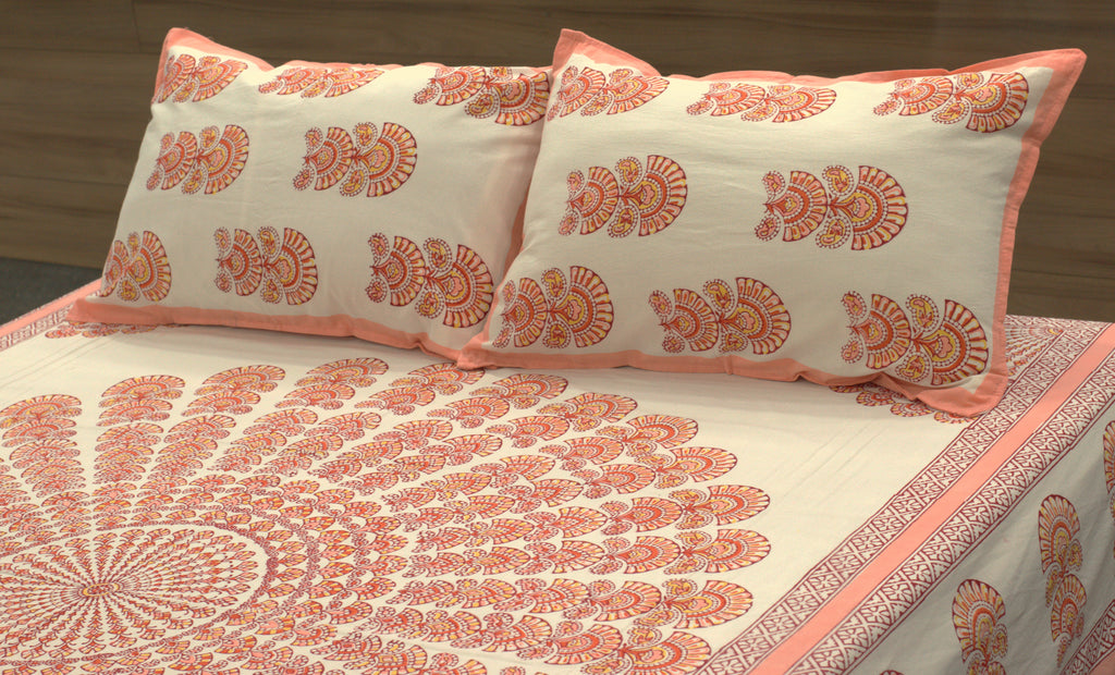 Queen Size Cotton Bedspread 90 × 100 Inches – Peach Floral Printed Design