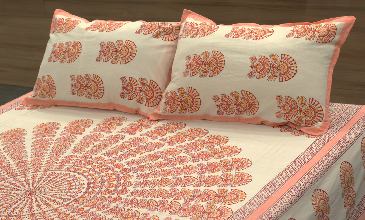 Queen Size Cotton Bedspread 90 × 100 Inches – Peach Floral Printed Design