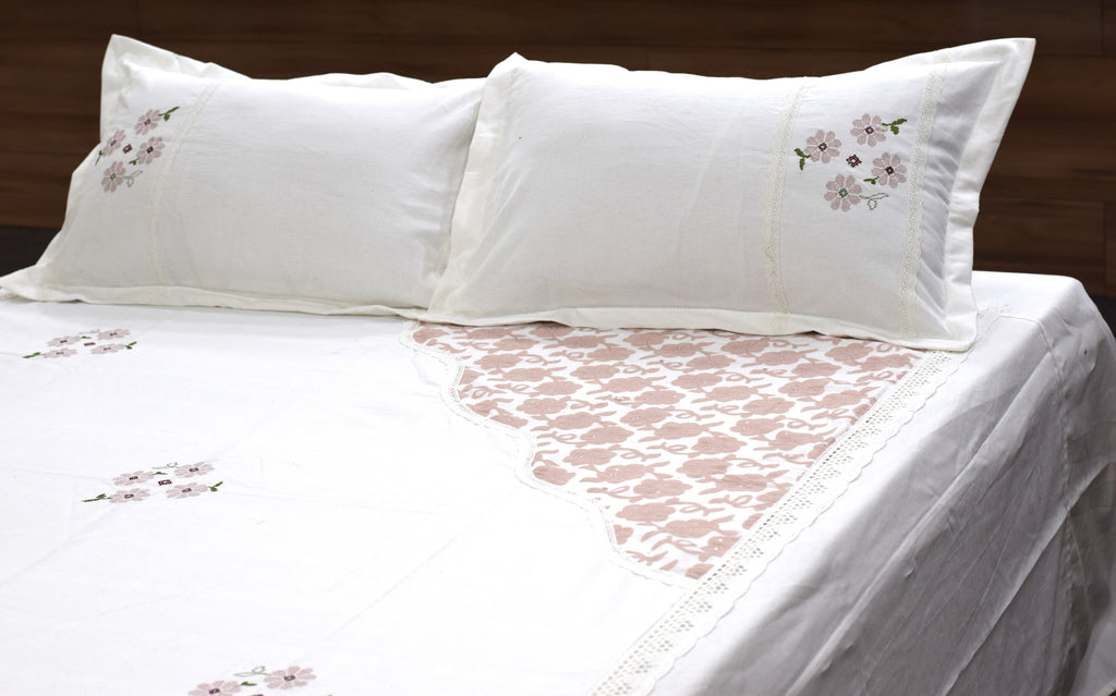 Elegant Floral Embroidered King Size Bedspread Set with 2 Pillow Covers – White & Blush Pink