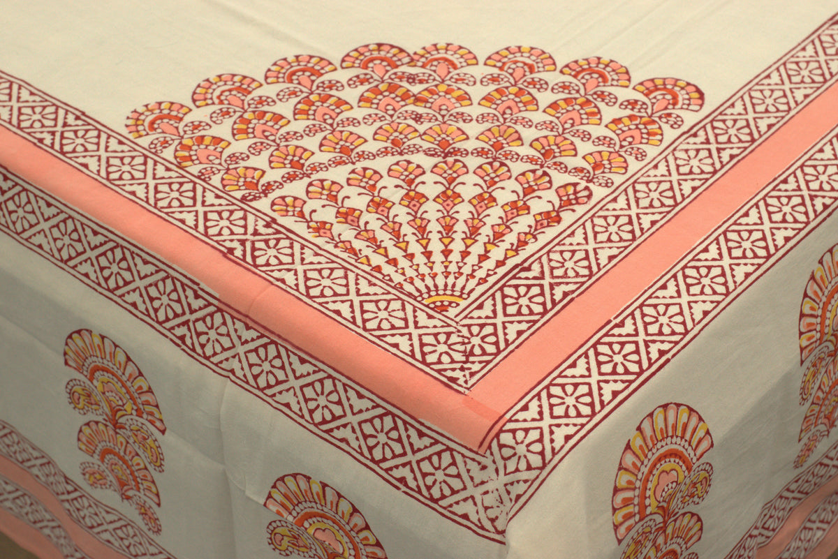 Queen Size Cotton Bedspread 90 × 100 Inches – Peach Floral Printed Design