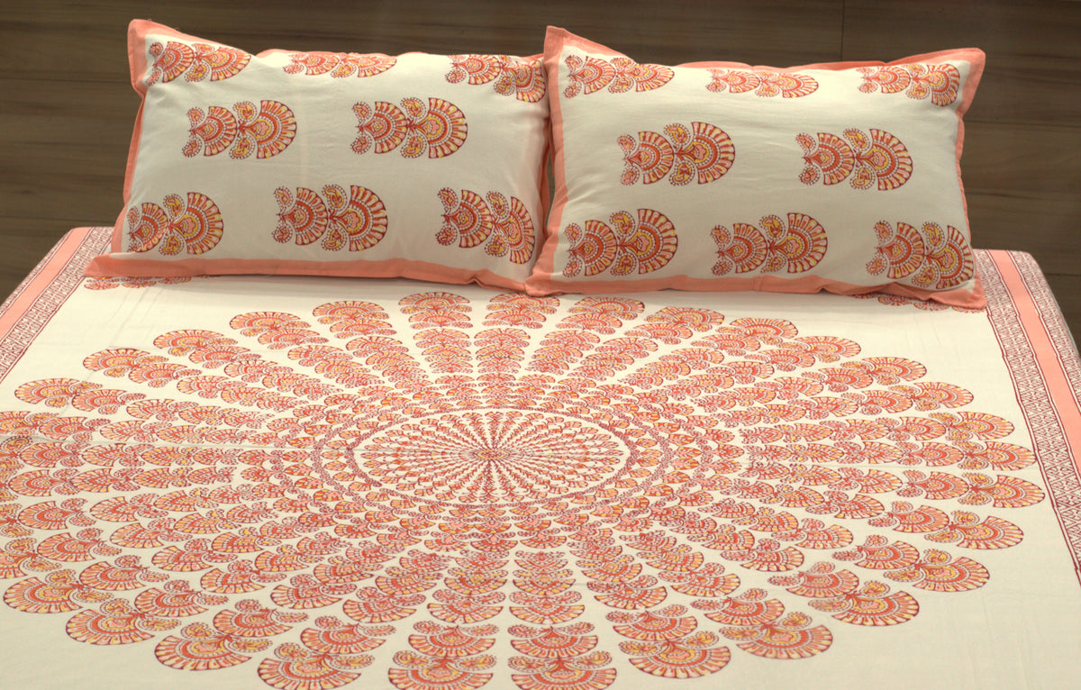 Queen Size Cotton Bedspread 90 × 100 Inches – Peach Floral Printed Design