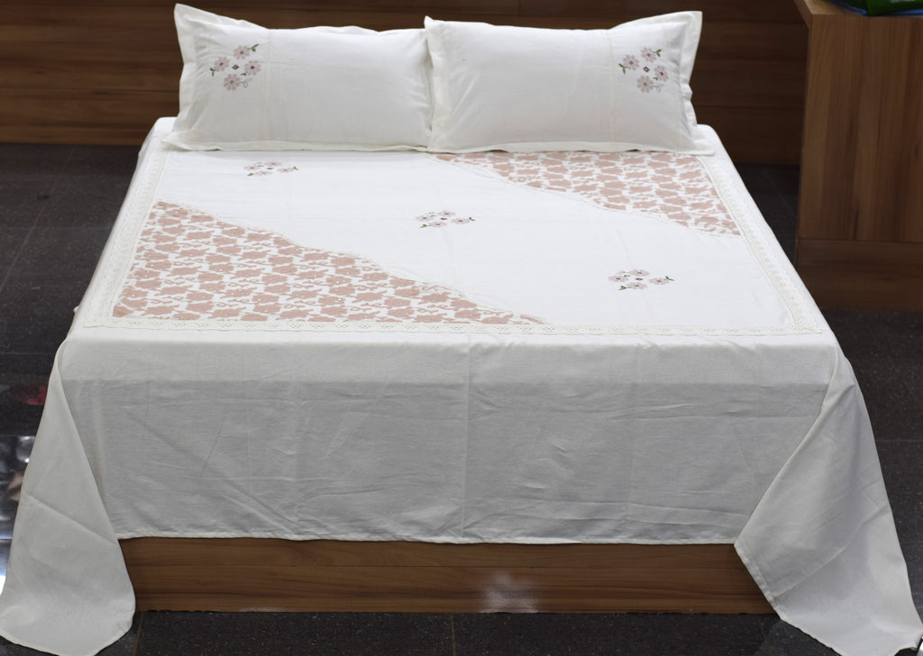 Elegant Floral Embroidered King Size Bedspread Set with 2 Pillow Covers – White & Blush Pink