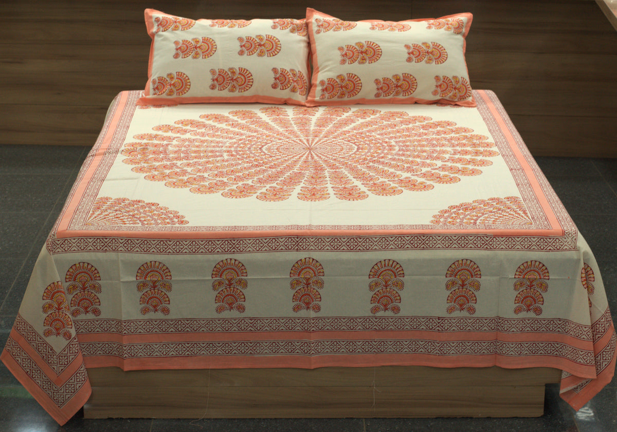 Queen Size Cotton Bedspread 90 × 100 Inches – Peach Floral Printed Design