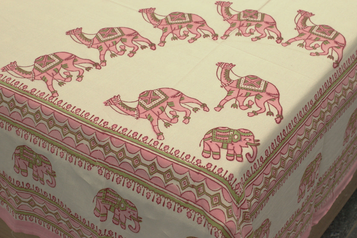 Queen Size Cotton Bedspread 90 × 100 Inches – Pink Elephant Printed Design